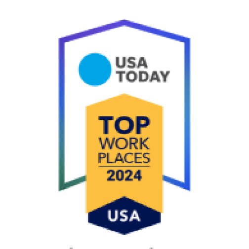 USA Today Top Work Places 2024 award badge with a shield design, featuring blue, yellow, and green colors, indicating Embrace Pet Insurance as a 3-time winner, highlighting their exceptional workplace culture.