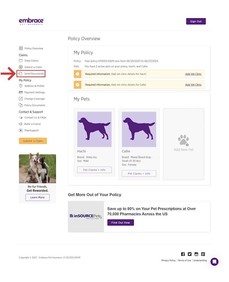 Step 1 is to Select Send Documents found in the left side of the Policy Overview.