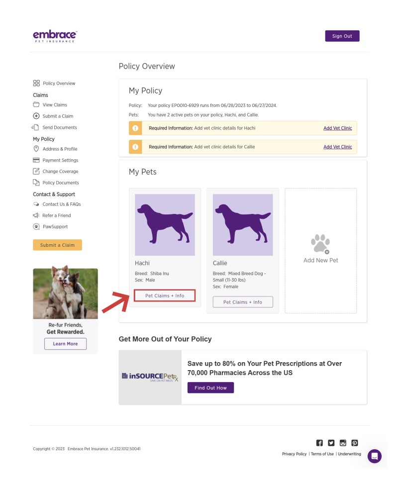 Step 1 on How to Download Your Explanation of Benefits via MyEmbrace is to Login to MyEmbrace and select Pet Claims + Info underr the pet whose claim processed.