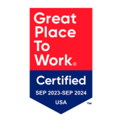 "Great Place To Work" certification badge in red and navy blue colors, valid from September 2023 to September 2024 for USA, showcasing Embrace Pet Insurance's commitment to employee satisfaction and exceptional workplace culture.