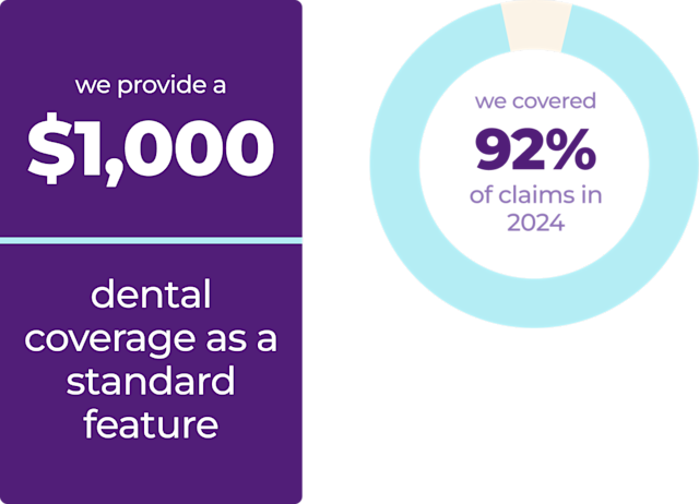 Infographic highlighting pet dental insurance benefits, showing $1,000 in dental coverage as a standard feature and a donut chart indicating 92% of claims were covered in 2024.