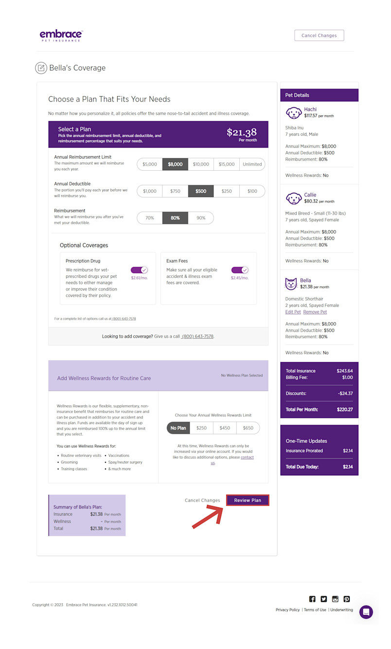 You can personalize your pet's coverage in this page including the Annual Maximum, Annual Deductible, and Reimbursement Coverage. Meanwhile, your existing pets' coverage is shown under Pet Details.