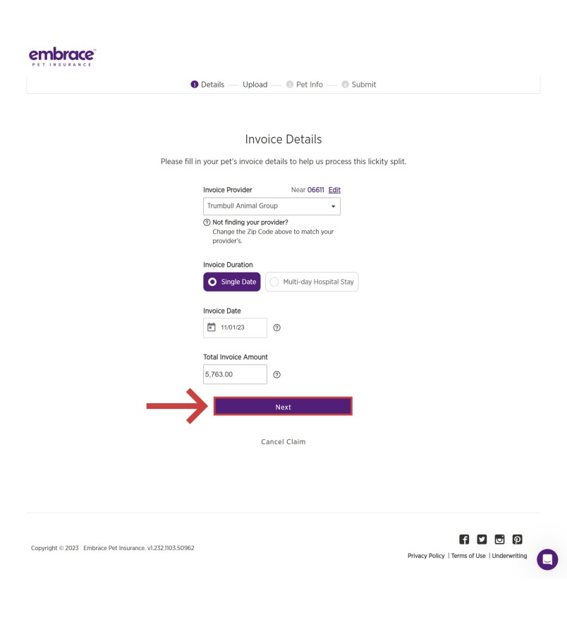 Provide requested information about the claim including Where the Invoice is From, Invoice Date and Duration, and Total Invoice Amount. Then select next