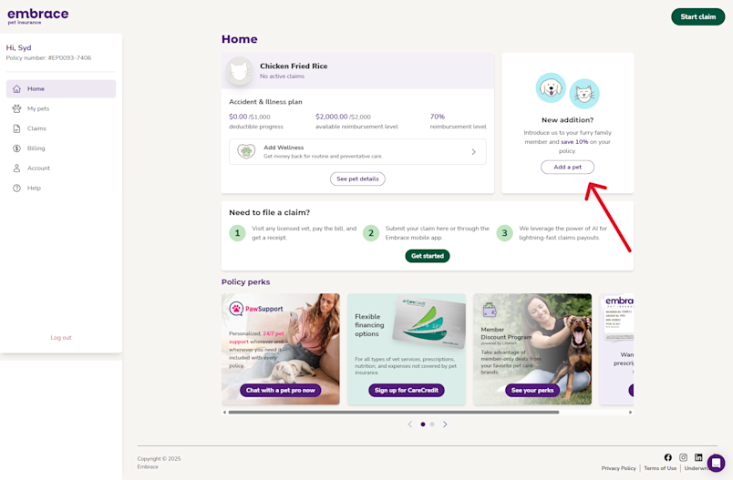 This is a screenshot from the embrace portal showing the add a pet button.