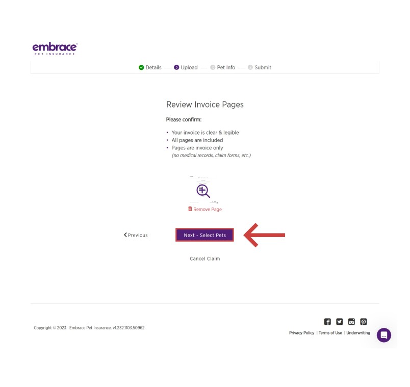 Confirm the invoice upload is legible and complete, then select next -select pets. 