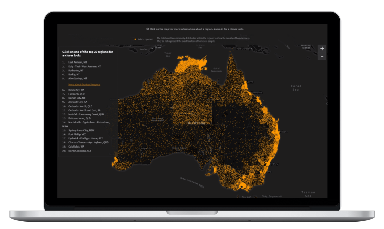 A dot density map showing the geographic distribution of homeless people in Australia
