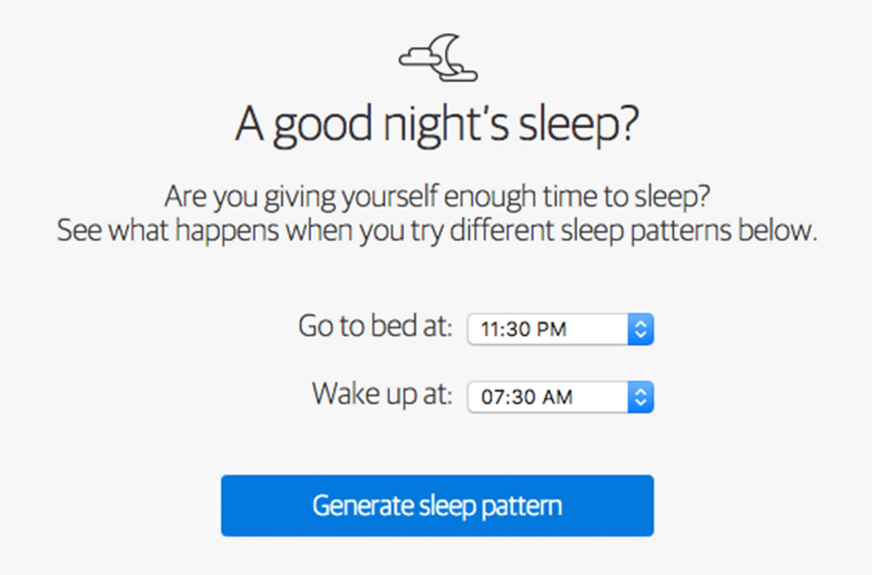 Vis 1: Sleep calculator input of the sleeping and waking times