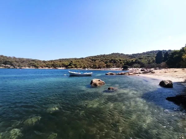 Zogerias Strand auf Spetses, Oase unter Pinienbäumen