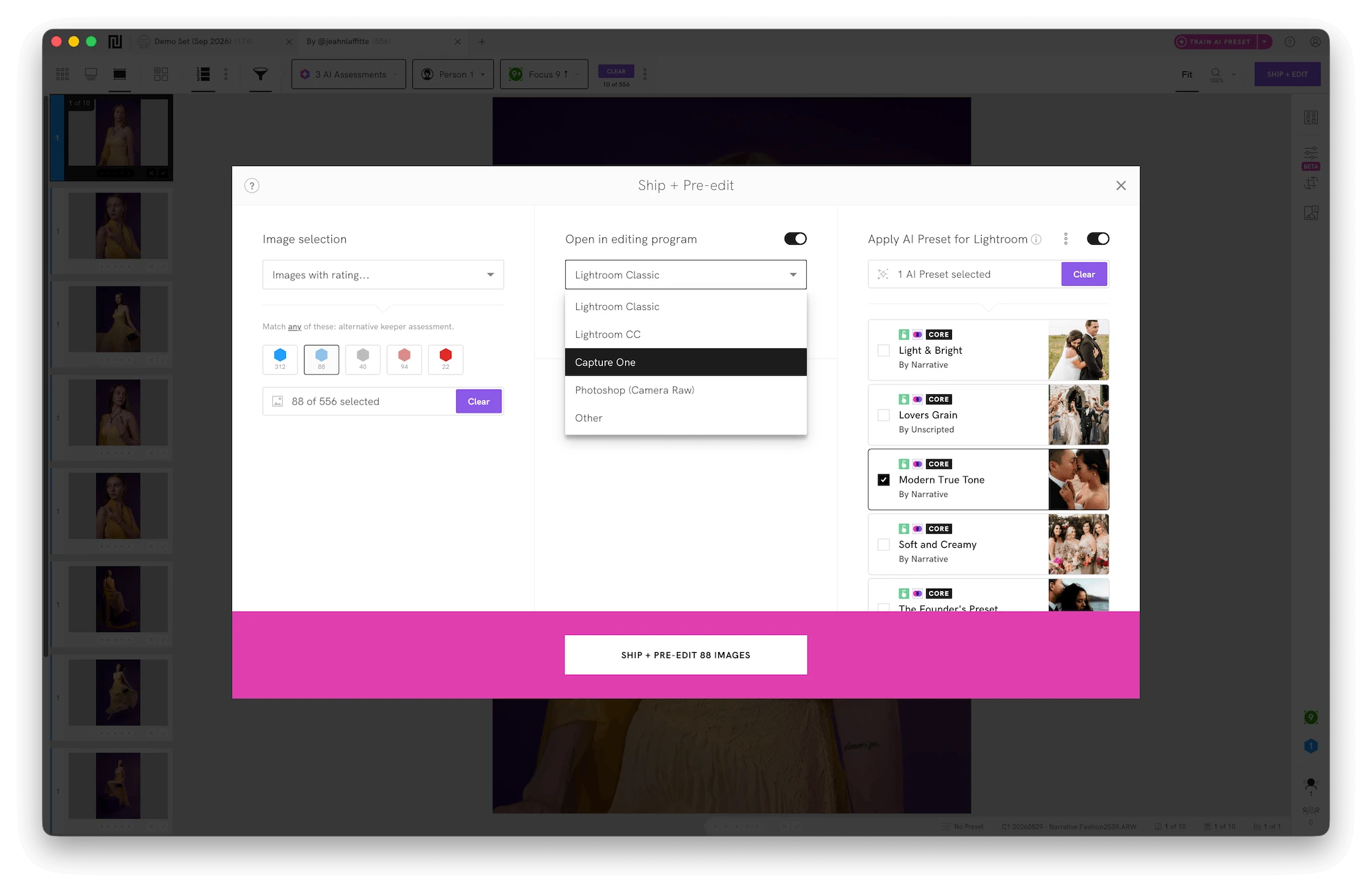 A software pop-up window titled "Ship + Pre-edit" showing a dropdown menu with options including Lightroom Classic, Lightroom CC, and Capture One. 