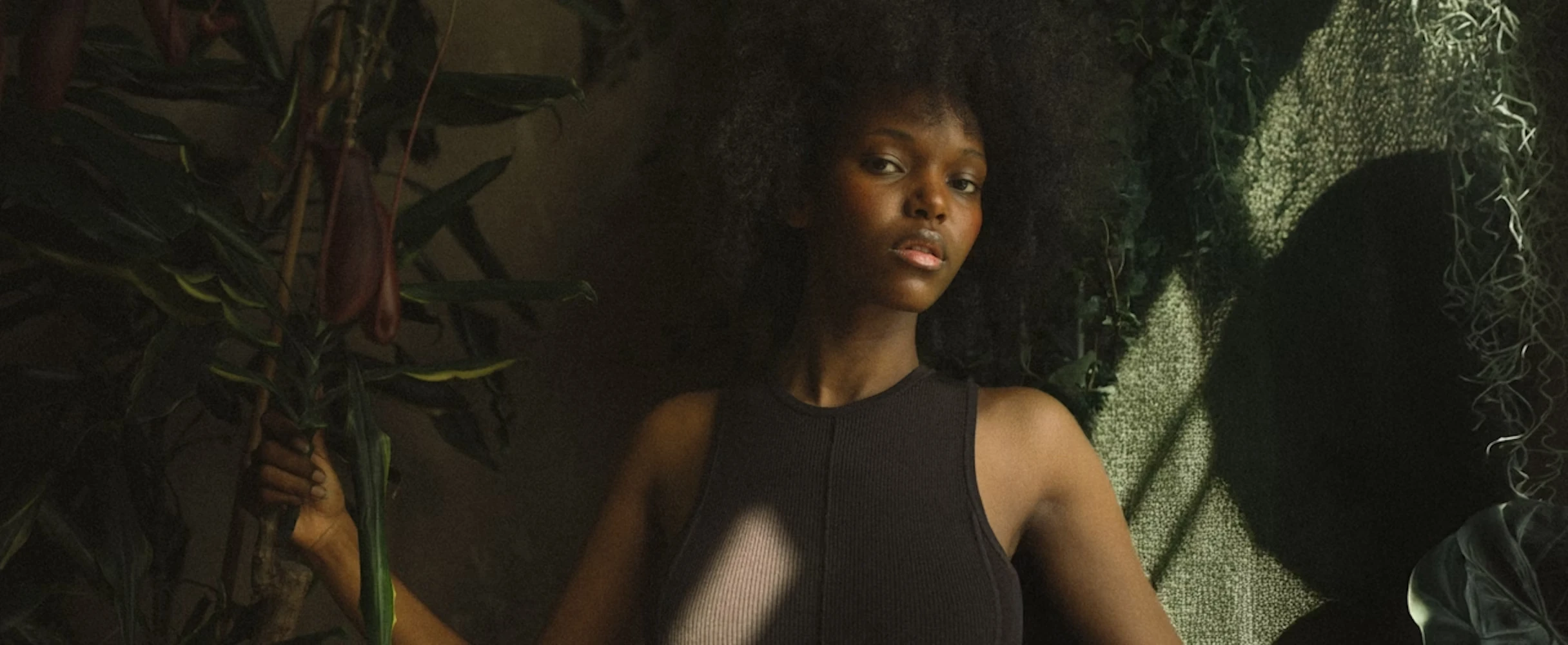 A person poses in soft, directional light that creates patterned shadows on a wall behind them. They are surrounded by lush plants, giving the portrait a warm, atmospheric, nature-inspired feel.