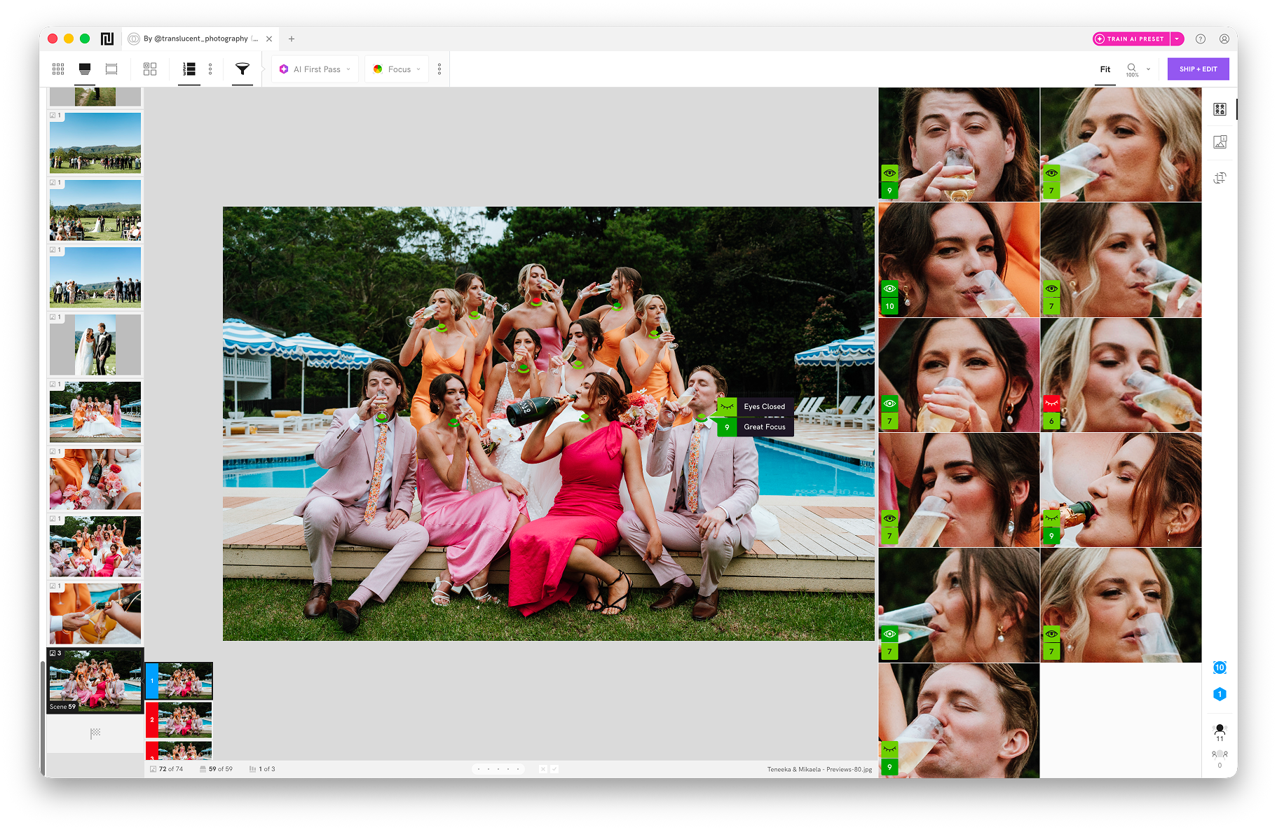 Narrative groups a shoot into its natural scenes and ranks images within each scene by sharpness, surfacing the strongest frame first across portraits, details, florals, and wildlife. (Left: Scenes View, Right: Close Ups Panel)