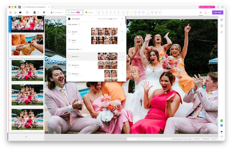 Product in use shot of Narrative, featuring its people filter feature