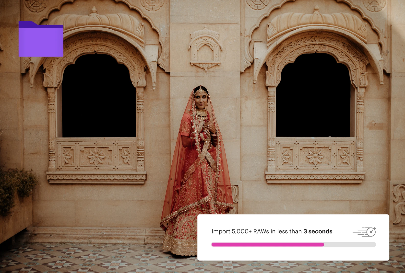 Indian bride portrait representing fast RAW photo import and AI-powered workflow for wedding photographers using Narrative.