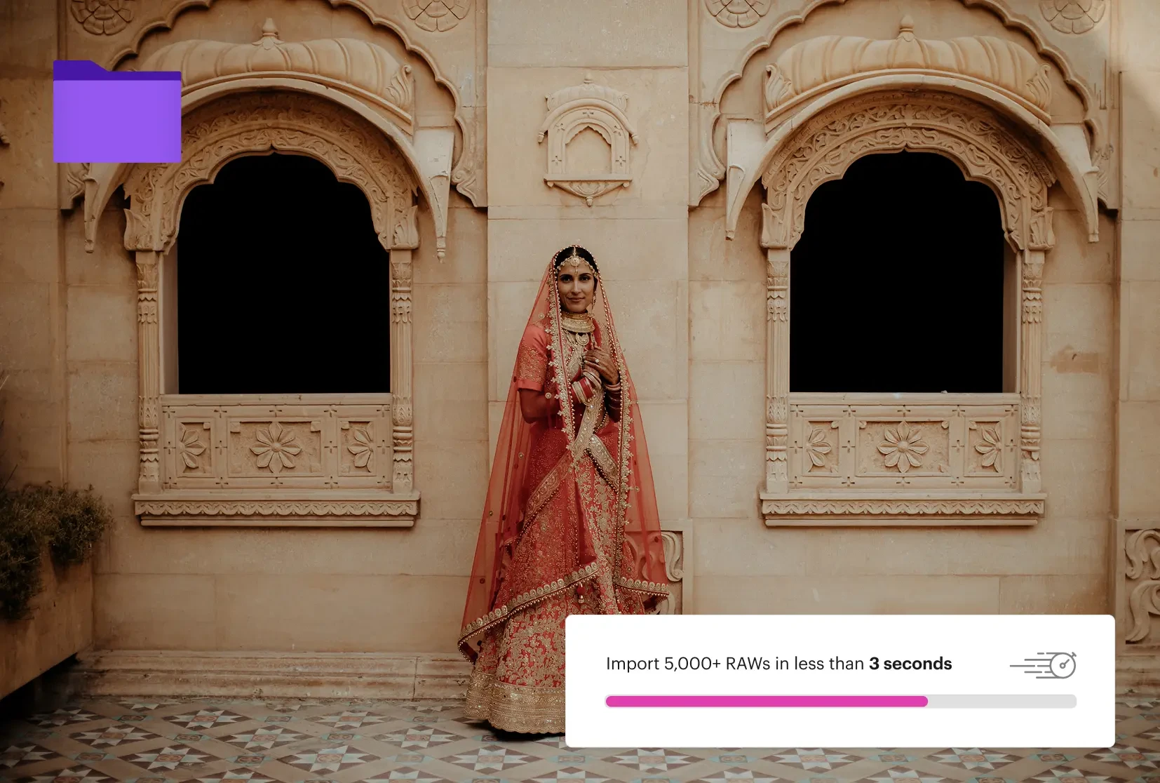 Indian bride portrait representing fast RAW photo import and AI-powered workflow for wedding photographers using Narrative.