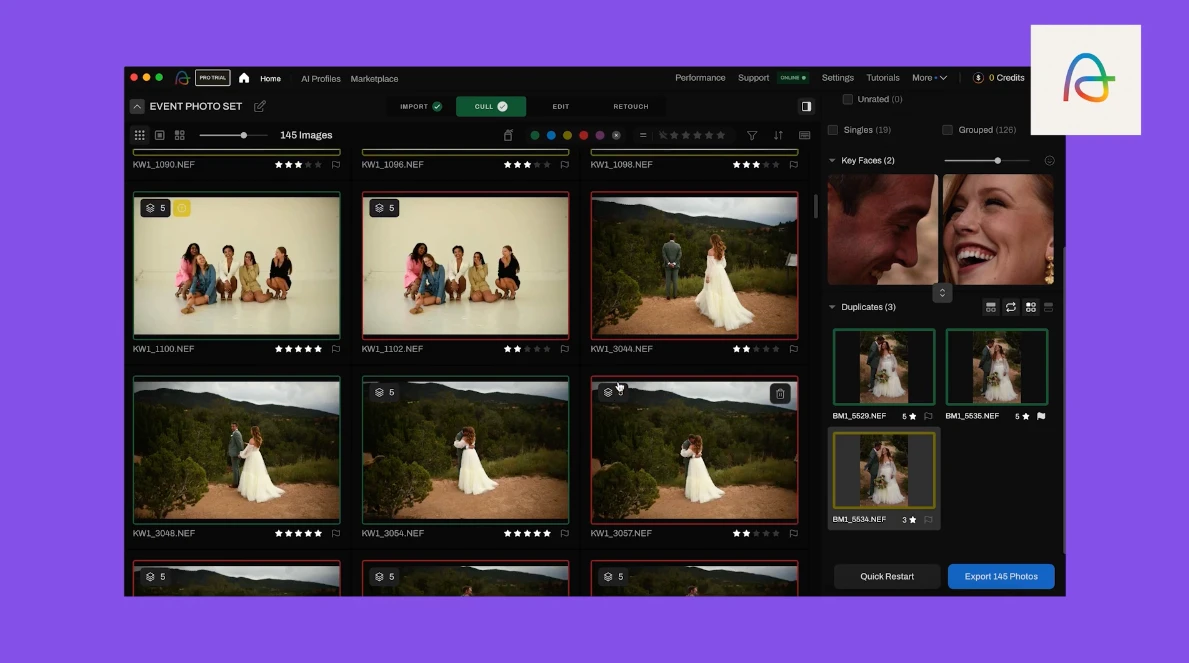 A screen capture of Aftershoot's culling feature