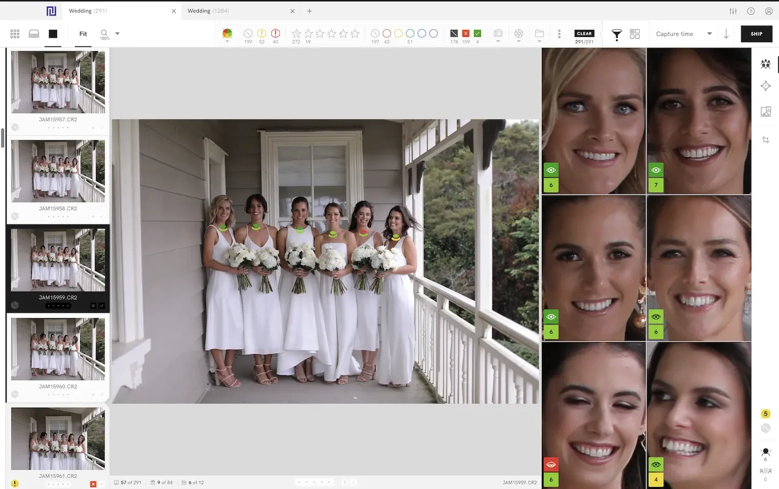 A screenshot of Narrative Select software being used to cull wedding photos, showing a group of bridesmaids with face-zoom previews.