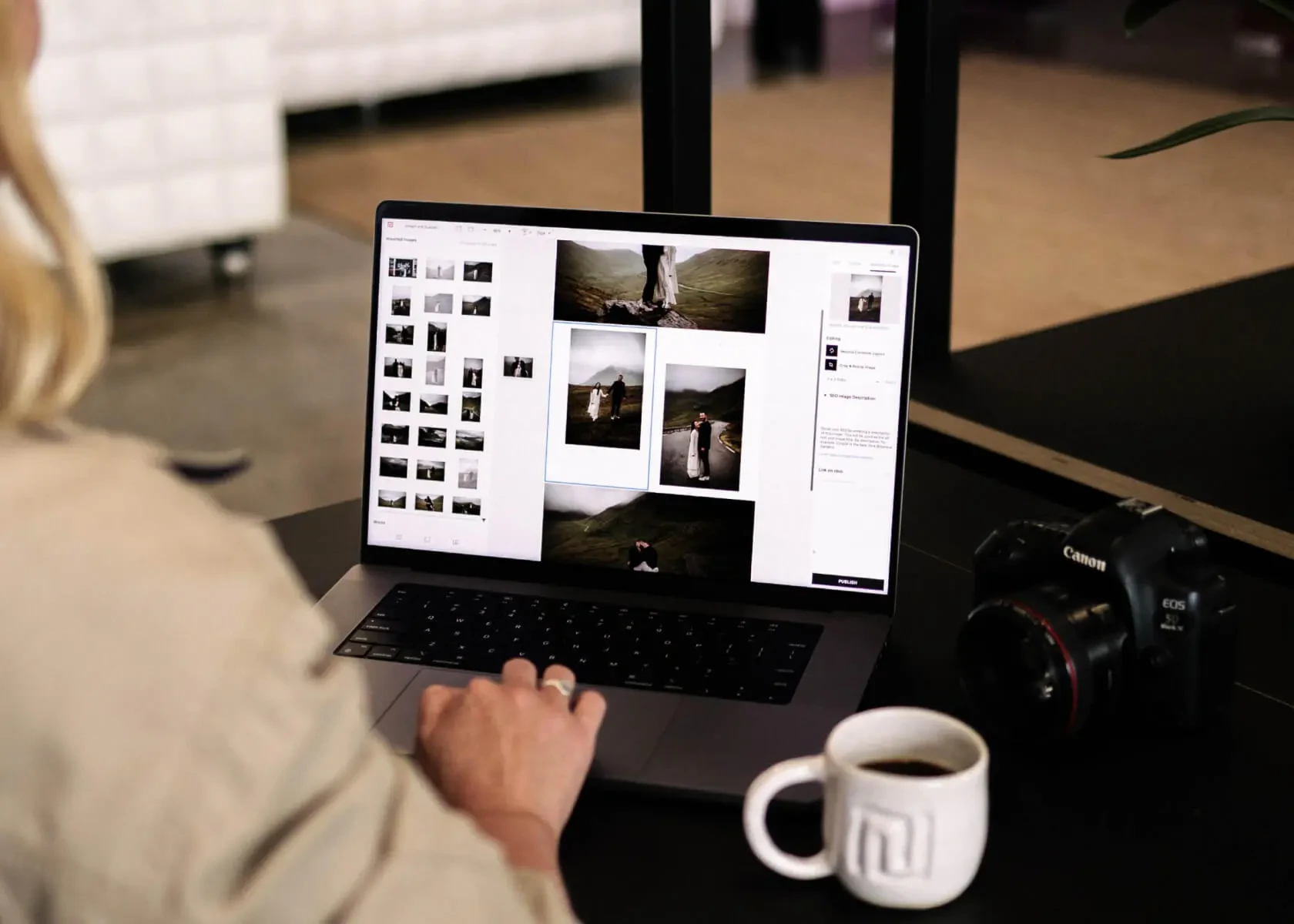Over-the-shoulder view of a photographer using Narrative Publish to arrange a wedding blog post on a laptop next to a cup of coffee.