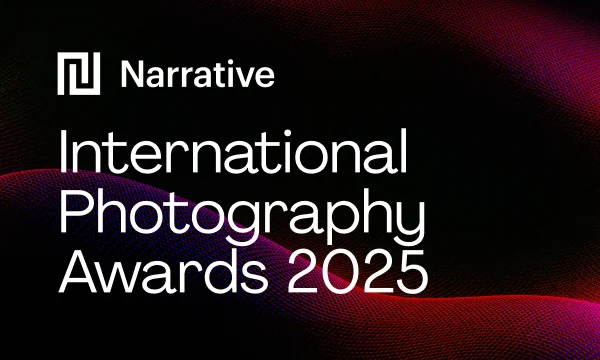 A promotional graphic for the Narrative International Photography Awards 2025 set against a dark background with flowing red mesh lighting.