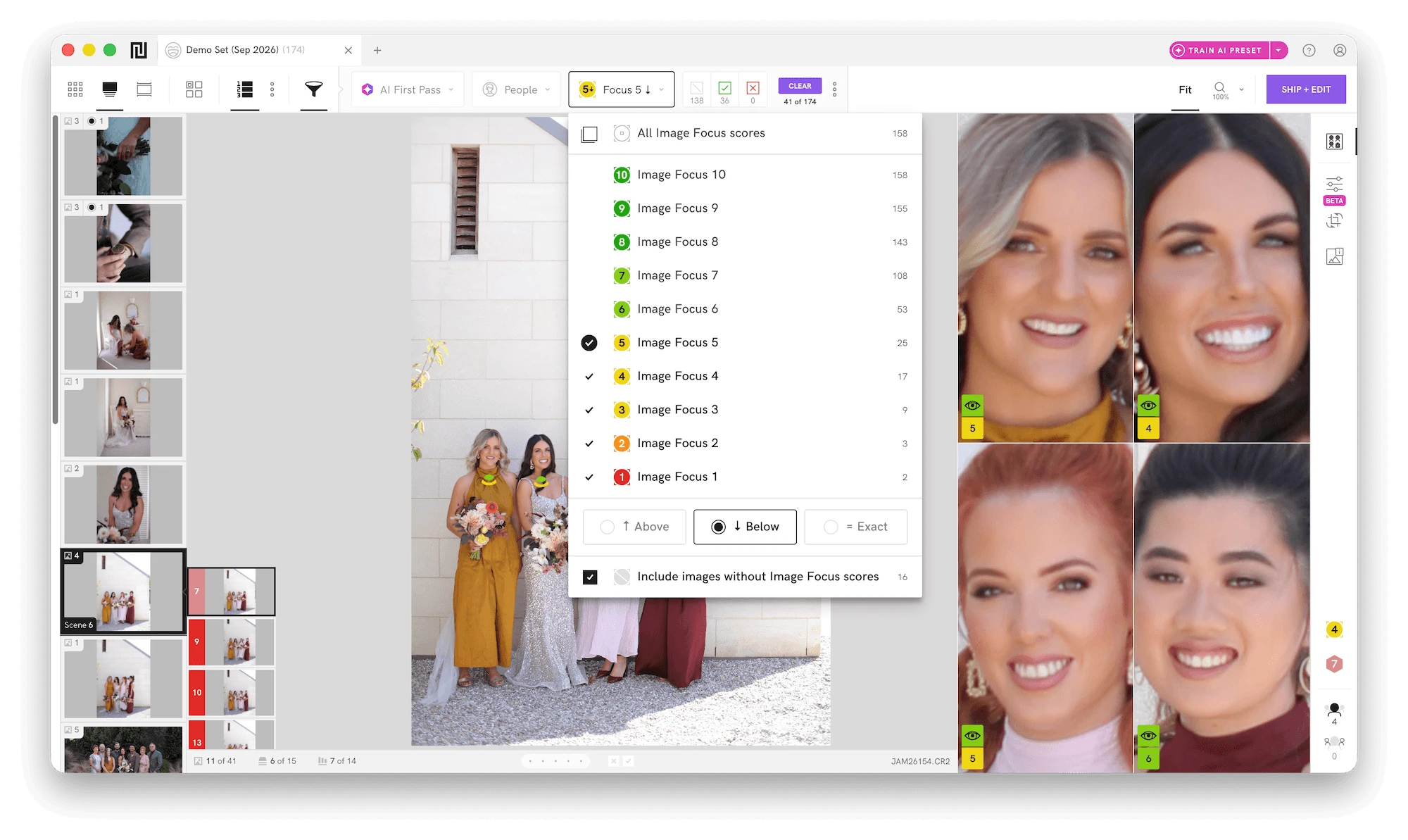 Image focus score panel on Narrative AI photo culling software illustrating how to identify Out-of-Focus Photos 