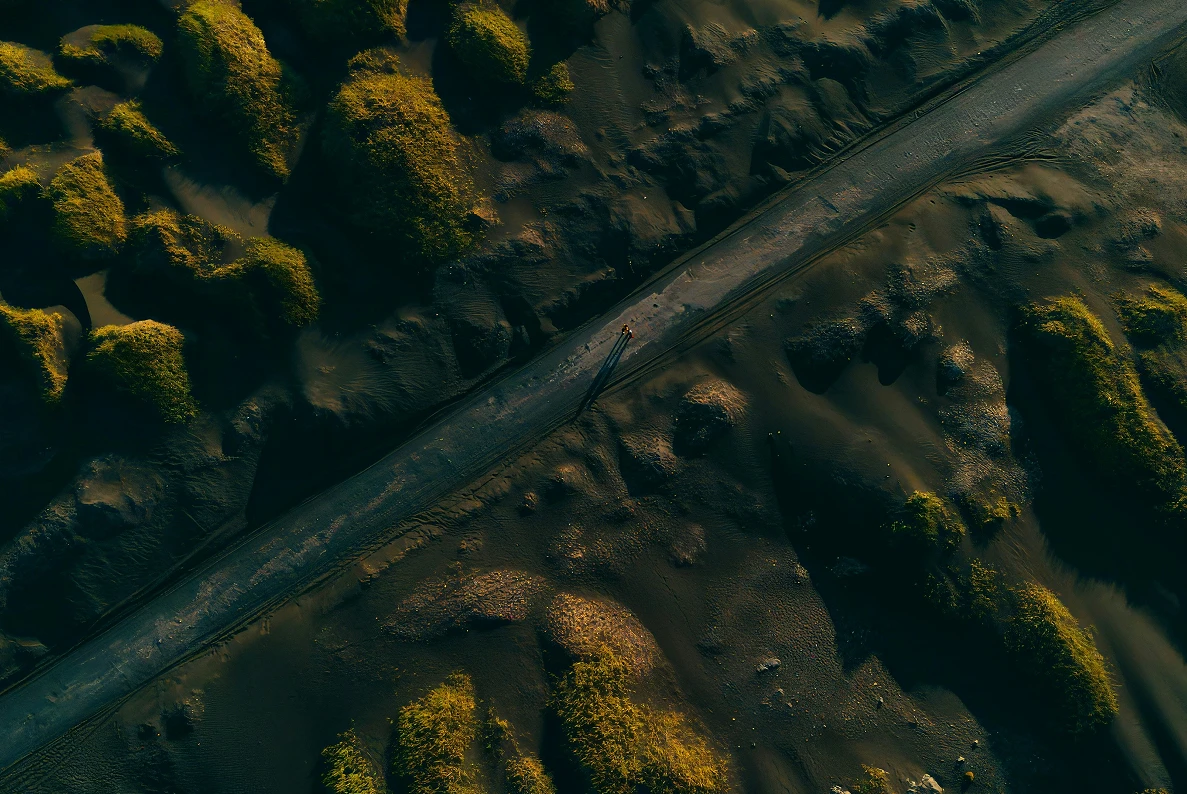 An aerial view of a stark, abstract landscape