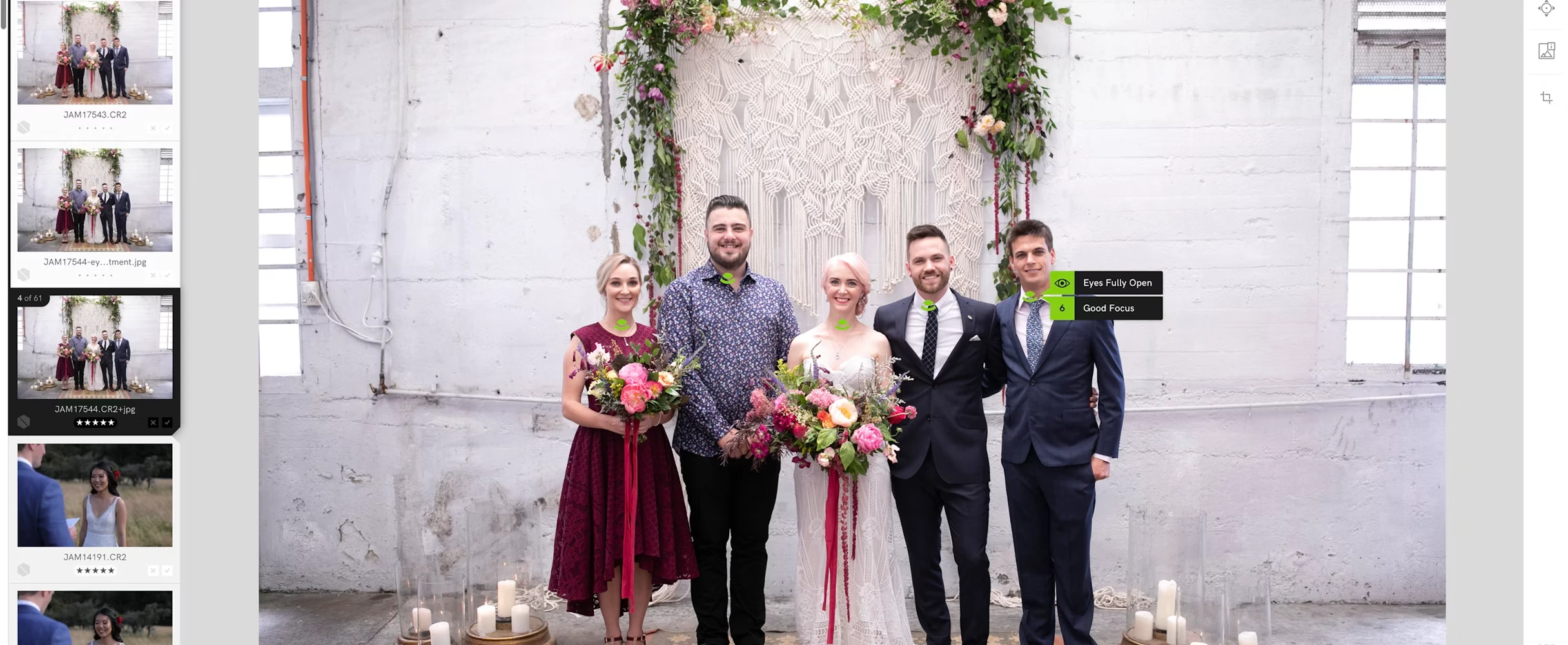 A screenshot of Narrative Select photo culling software displaying face detection tags and focus assessments on a wedding party group photo.