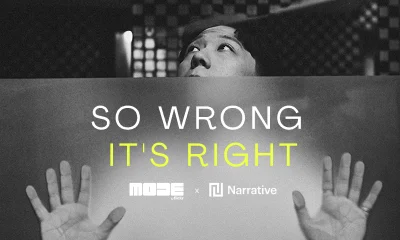 A black-and-white promotional graphic featuring a person looking up with hands pressed against a translucent screen, overlayed with the text "SO WRONG IT'S RIGHT" and the MODE x Narrative logo.
