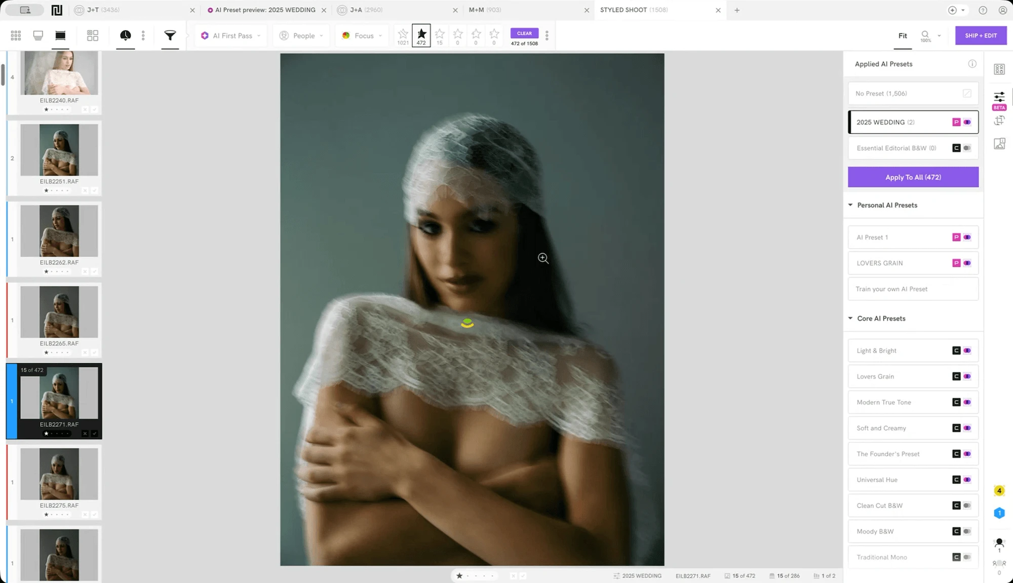 Eilish Burt's motion-blurred lace portrait in Narrative Loupe View, with her 2025 Wedding AI Preset in the Pre-edit Panel