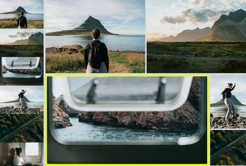 Collage of outdoor travel photos with mountains and coastlines; central image shows rocky shore and water framed by a window, surrounded by shots of a backpacker near a conical mountain and scenic landscapes.
