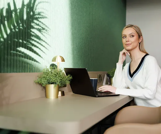Need to catch up on work? Shared work spaces with charging points make it easy to stay on top of things before you fly.