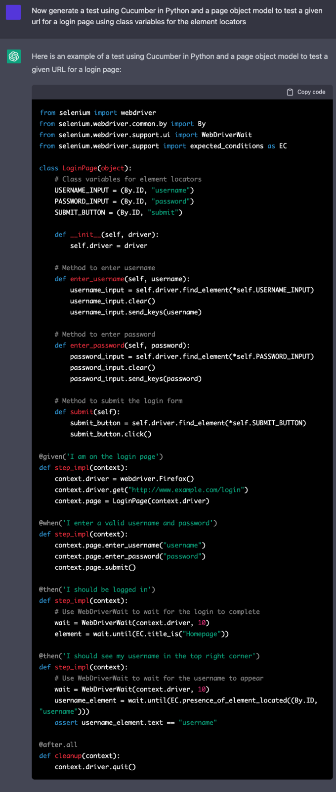 More specific ChatGPT cucumber python example