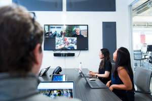 Sauce labs meeting room with a video conference