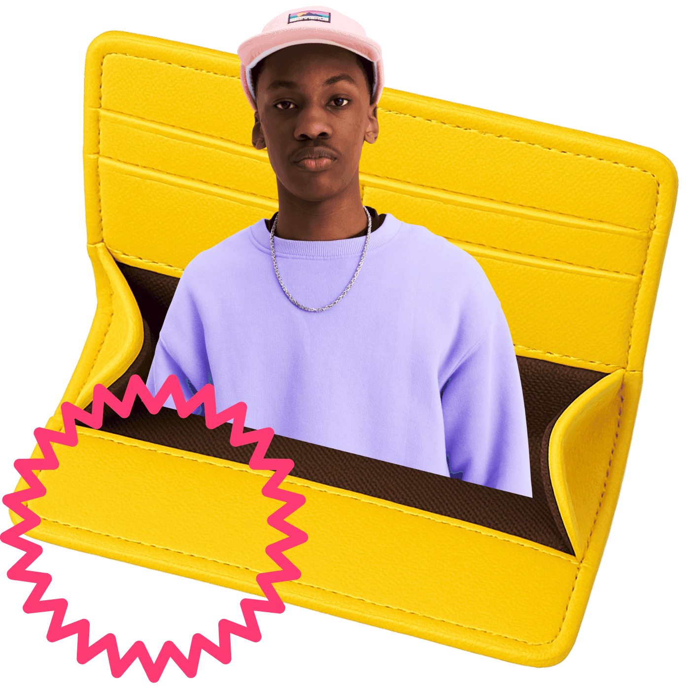 Jongen popt uit gele portemonnee met roze sticker.png