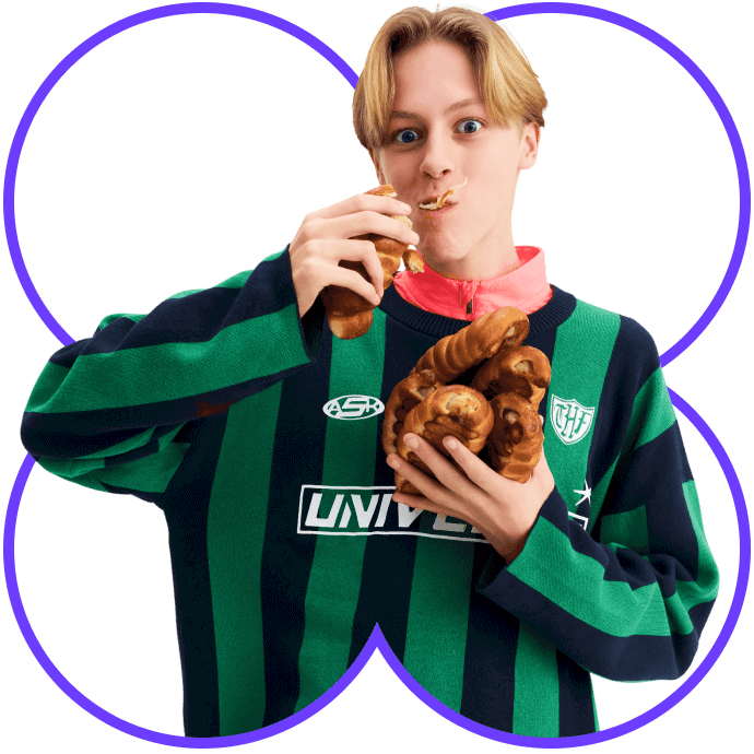 Jongen met broodjes in illustratie paars klavertjevier.png