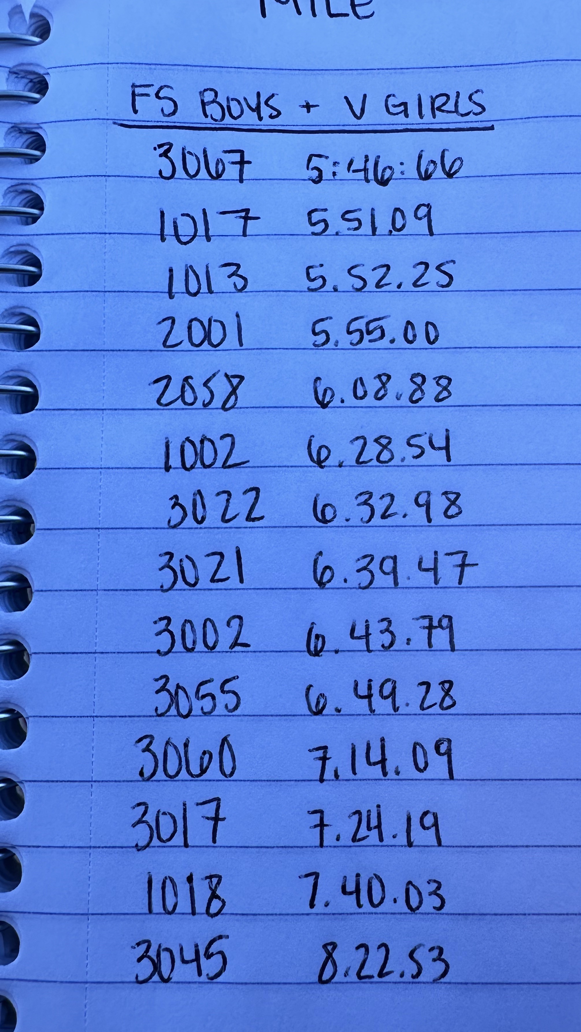 Handwritten Race Results