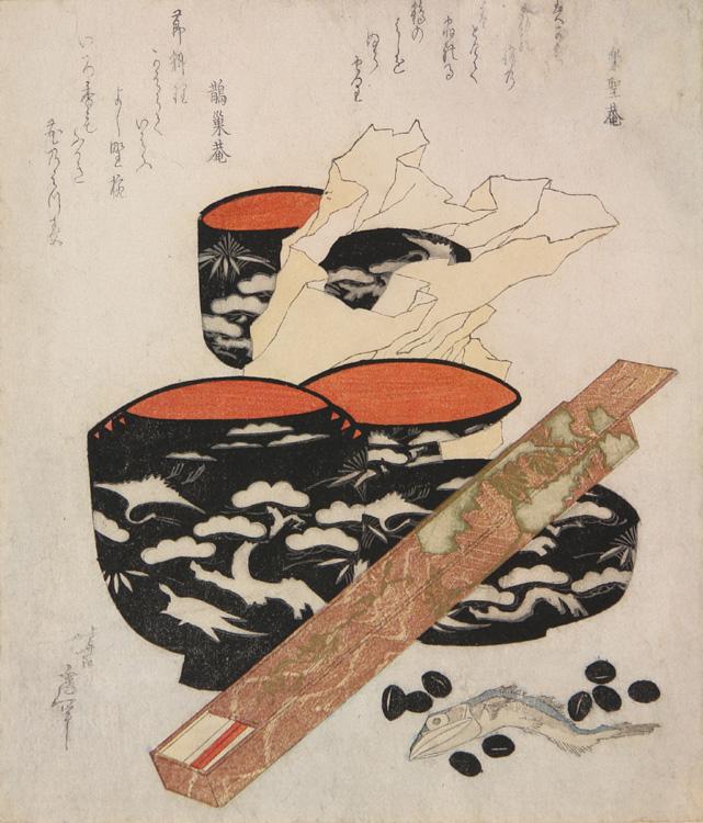 Katsushika Hokusai :Fish, Beans, Chopstick Case and Lacquer Bowls