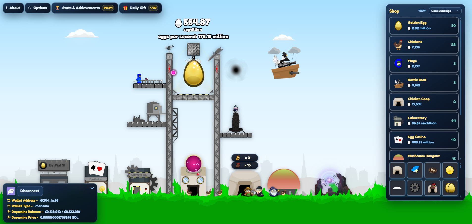 Late game into dopamine eggs showing all buildings and items