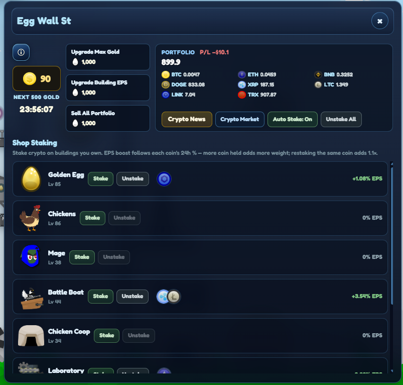 Dopamine Eggs brings together addictive idle gameplay and crypto rewards. Grow your egg empire through upgrades, mage progression, and the Battle Boat card game while completing over 360 achievements. Link your Dopamine Eggs crypto to unlock exclusive buildings and gain even more ways to progress.