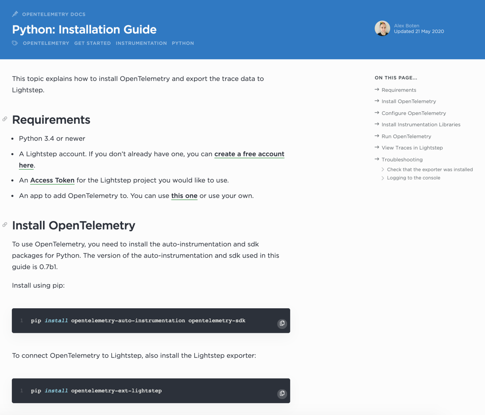 New OpenTelemetry Python Installation Guide Lightstep
