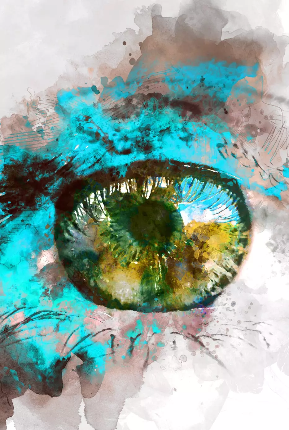 A painted picture with grey background, a green eye looking straight ahead and with a splash of blue color in the picture.