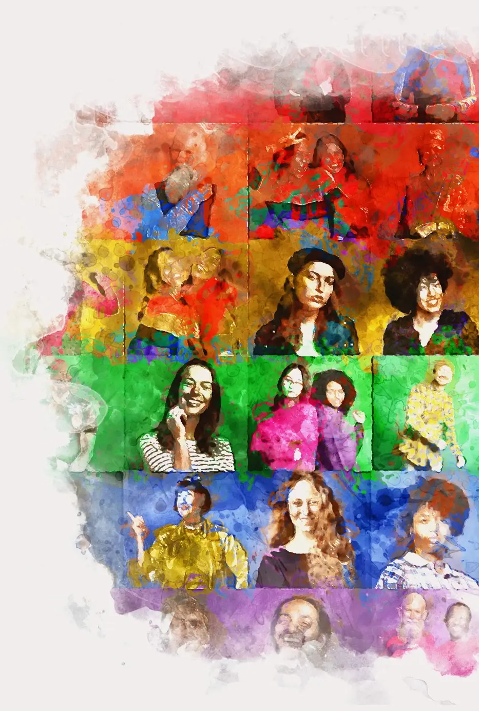 A collage of portraits of different people with an abstract touch of different colors on them.
