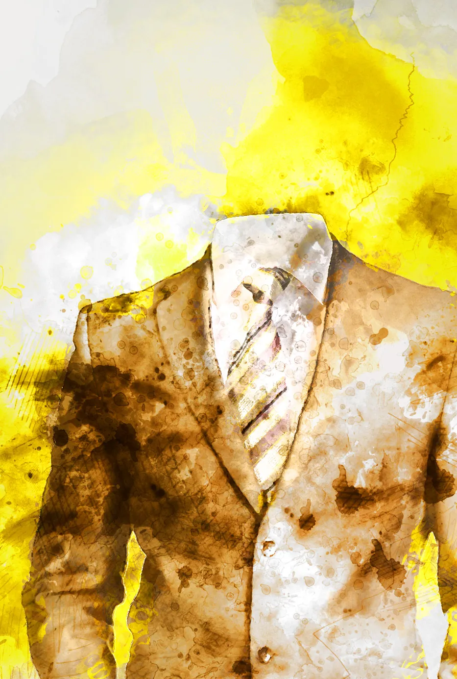 A painted man in a suit but with no head, a yellow splash of color throughout the picture.