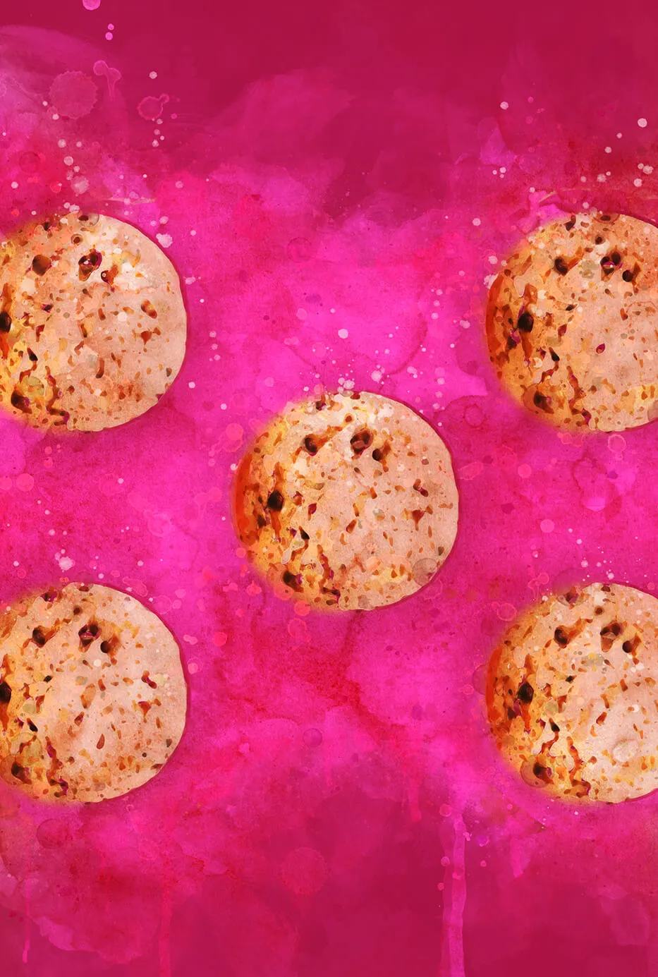 Pink background with five chocolatechip cookies.