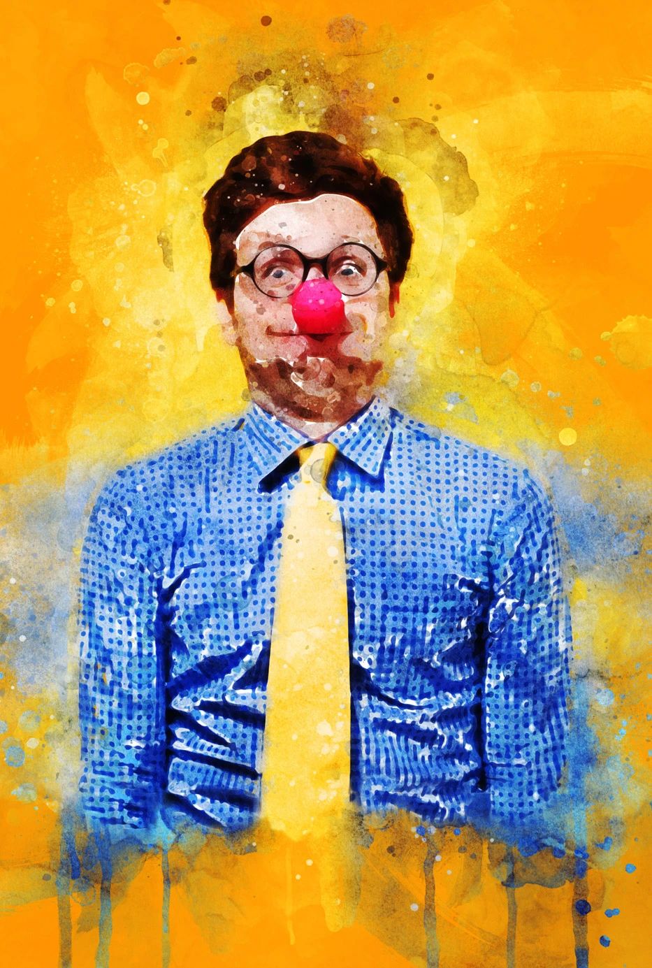 Picture with a yellow background in an abstract way with a man wearing a clown nose, a blue shirt and a yellow tie looking surprised.