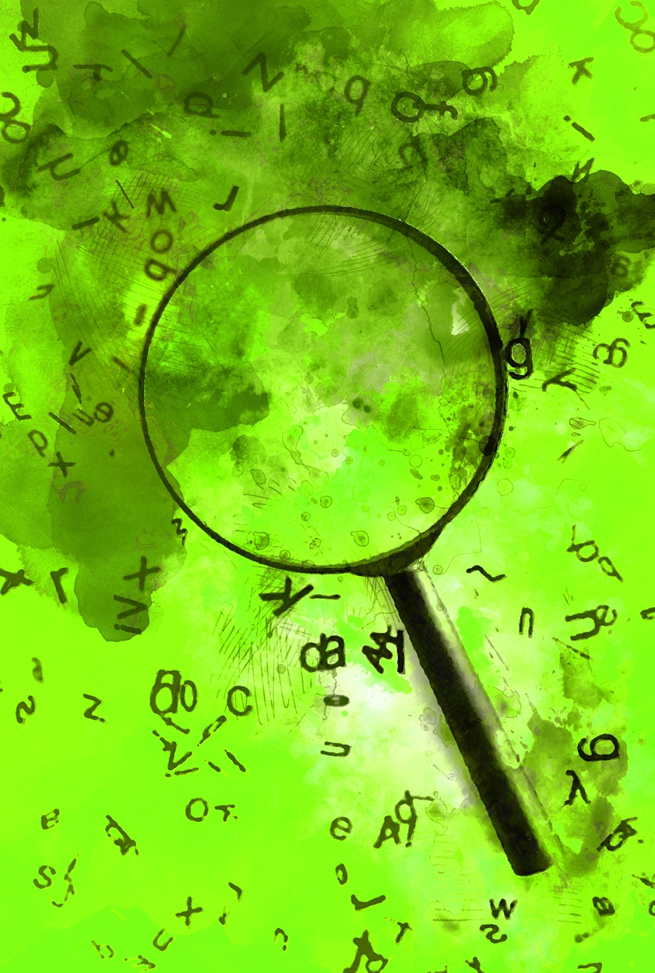 A green background with letters laying around and a magnifying glass on top of it.