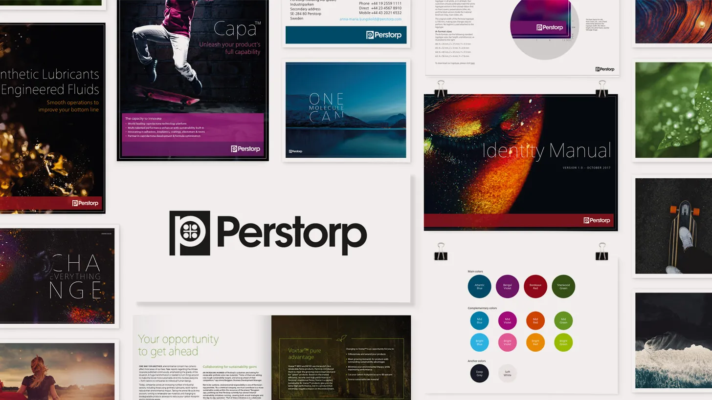 A collage of Perstorp's new branding.