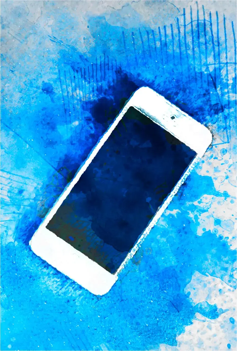 A white Iphone with a black screen with a abstract blue splash behind it.