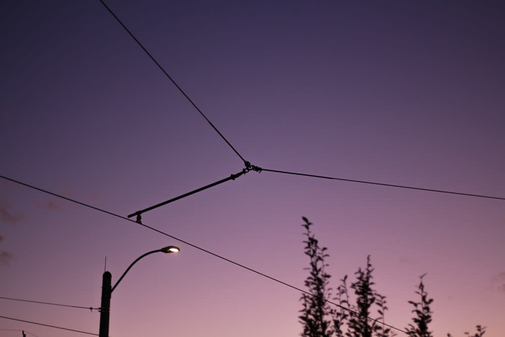Street wires in front of purple gradient sunset 