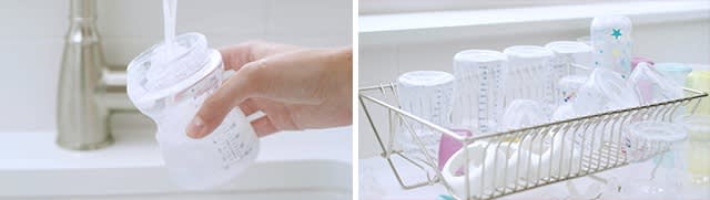 Hand rinsing Baby Bottle under faucet and bottle parts drying in dish rack