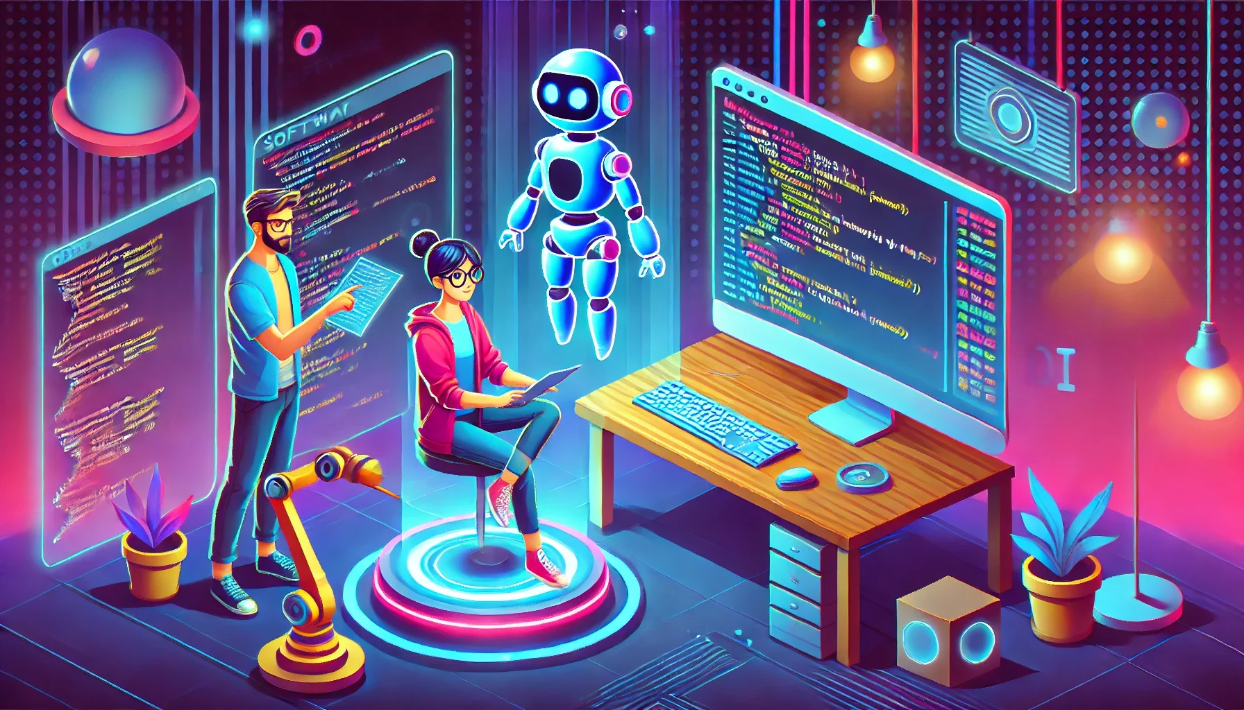 Illustration of a futuristic workspace where a developer collaborates with an AI assistant.