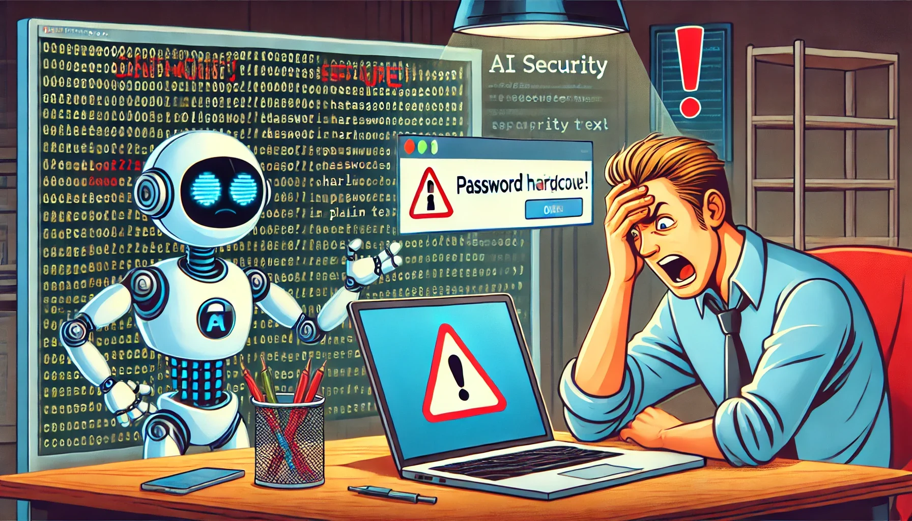 Illustration of an AI writing code with a critical bug while a human developer watches in horror